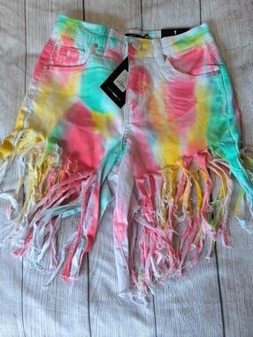 Fashion Nova Tie-Dye High-Rise Shorts in Pastel Rainbow